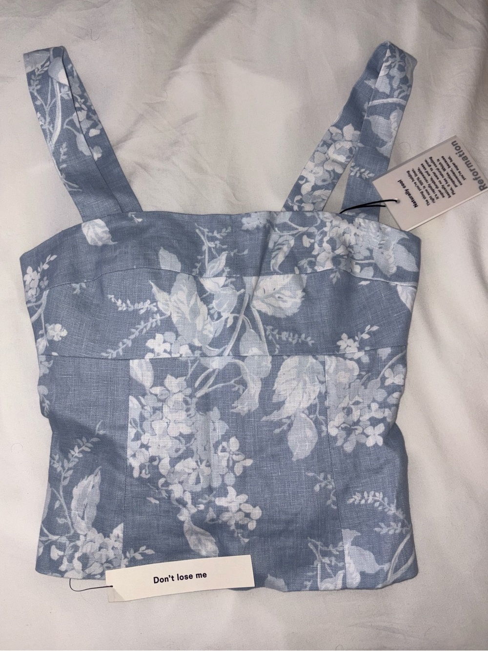 Darci Linen Reformation - Blue Floral Square-Neck Crop Top